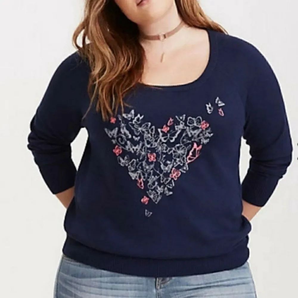 Torrid Blue Heart Embroidered Butterflies Design Pullover Sweatshirt Feminine
